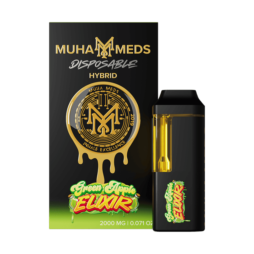 Muha Meds, THC Disposable, Green Apple Elixir, Hybrid 2000 MG